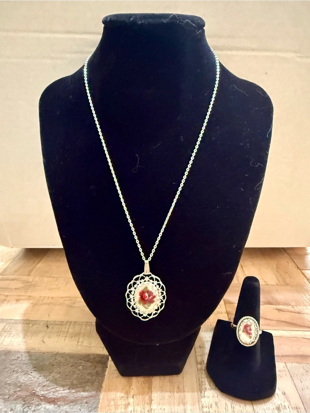 Vintage Petit Point Embroidered Filigree Pendant Necklace & adjustable Ring
